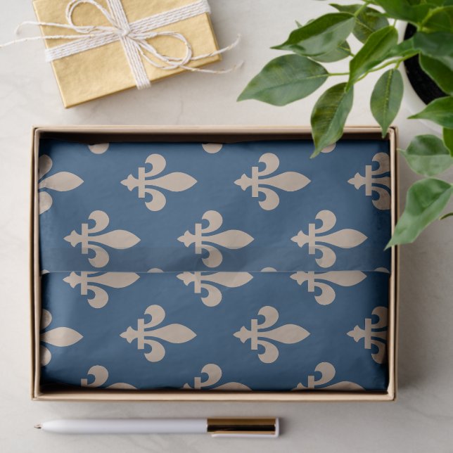 Fleur de Lis Pattern, Royal French, Cream on Blue Tissue Paper (Gift)
