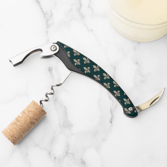 Fleur de Lis Pattern, Royal French Cream on Green Corkscrew (Front)