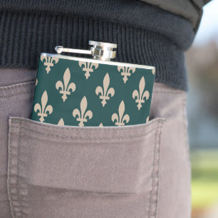 Fleur de Lis Pattern, Royal French Cream on Green Hip Flask