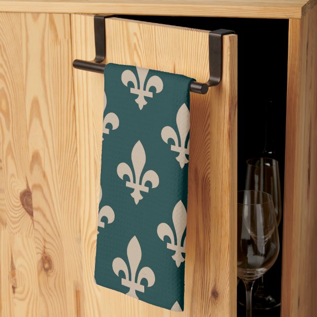 Fleur de Lis Pattern, Royal French Cream on Green Kitchen Towel (Thirds Fold)