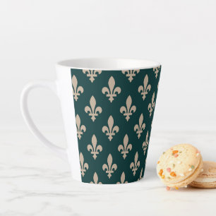 Fleur de Lis Pattern, Royal French Cream on Green Latte Mug