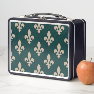 Fleur de Lis Pattern, Royal French Cream on Green Metal Lunch Box