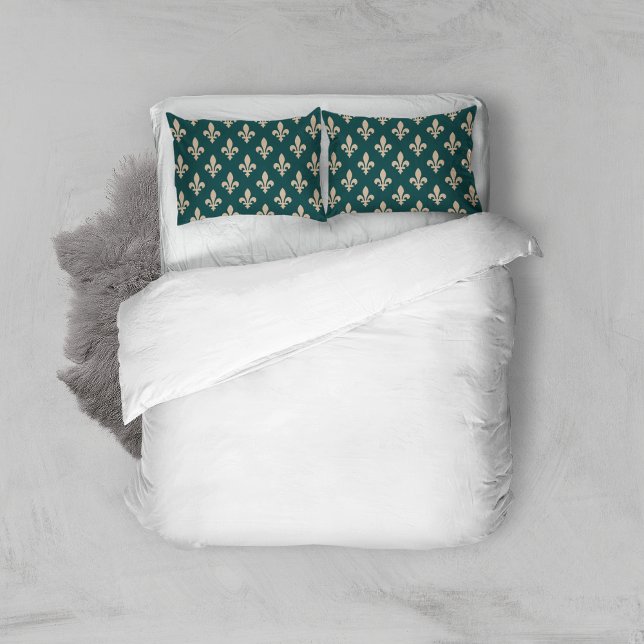 Fleur de Lis Pattern, Royal French Cream on Green Pillowcase (Creator Uploaded)