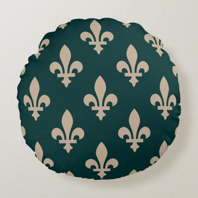 Fleur de Lis Pattern, Royal French Cream on Green Round Pillow (Front)