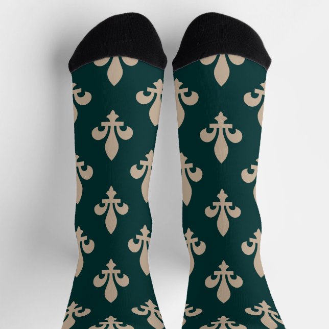 Fleur de Lis Pattern, Royal French Cream on Green Socks (Top)