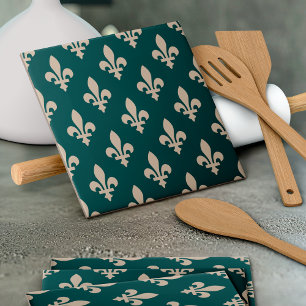 Fleur de Lis Pattern, Royal French Cream on Green Tile