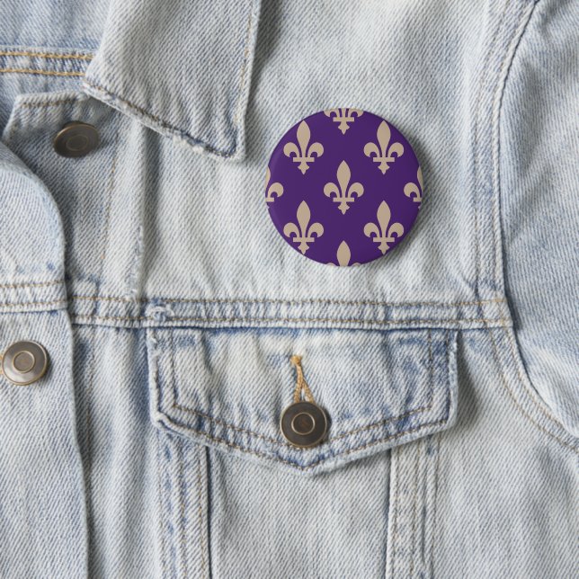 Fleur de Lis Pattern, Royal French Cream on Purple 2 Inch Round Button (In Situ)