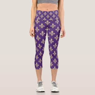 Fleur de Lis Pattern, Royal French Cream on Purple Capri Leggings