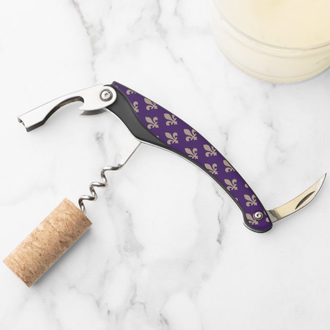 Fleur de Lis Pattern, Royal French Cream on Purple Corkscrew (Front)