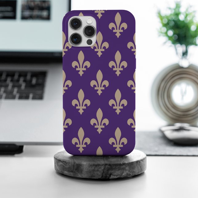 Fleur de Lis Pattern, Royal French Cream on Purple iPhone Case (Creator Uploaded)