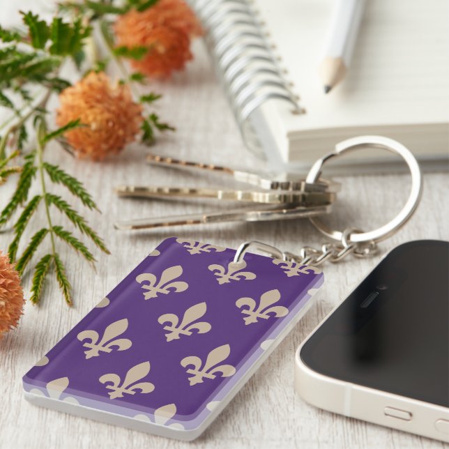 Fleur de Lis Pattern, Royal French Cream on Purple Keychain (Front Right)