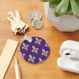 Fleur de Lis Pattern, Royal French Cream on Purple Keychain