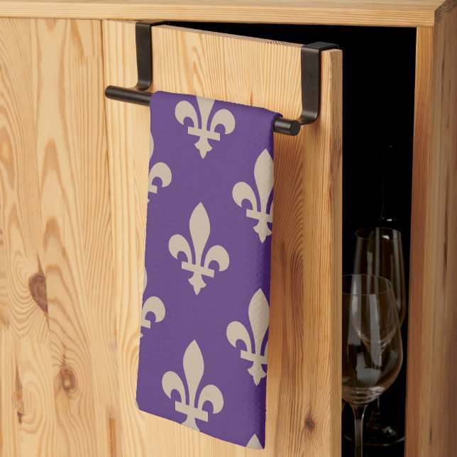 Fleur de Lis Pattern, Royal French Cream on Purple Kitchen Towel (Thirds Fold)