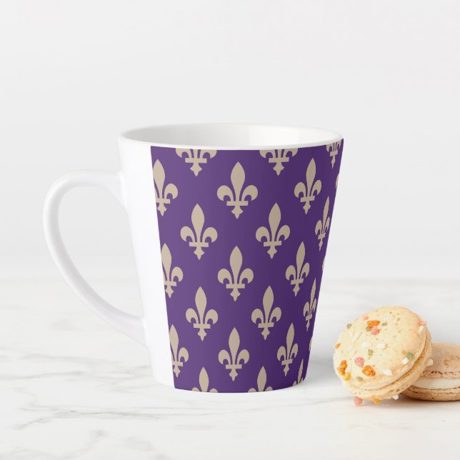 Fleur de Lis Pattern, Royal French Cream on Purple Latte Mug (In Situ)