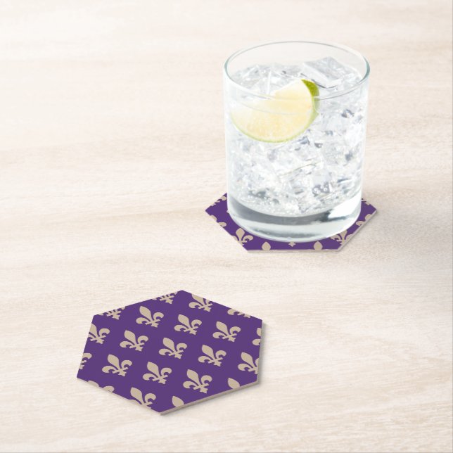 Fleur de Lis Pattern, Royal French Cream on Purple Paper Coaster (Insitu)