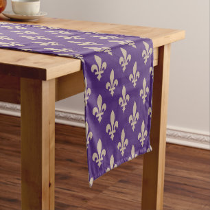 Fleur de Lis Pattern, Royal French Cream on Purple Short Table Runner