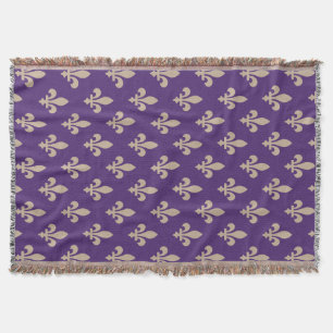 Fleur de Lis Pattern, Royal French Cream on Purple Throw Blanket
