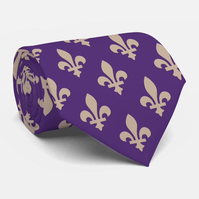 Fleur de Lis Pattern, Royal French Cream on Purple Tie (Rolled)