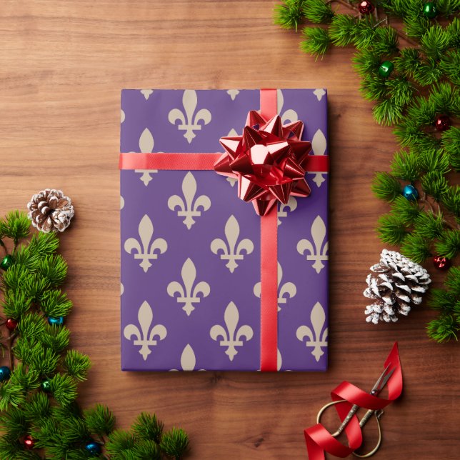 Fleur de Lis Pattern, Royal French Cream on Purple Wrapping Paper (Holiday Gift)
