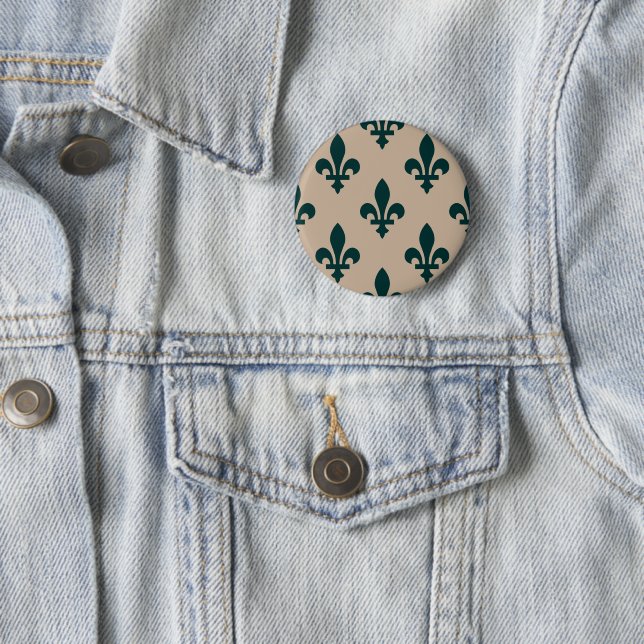 Fleur de Lis Pattern, Royal French Green on Cream 2 Inch Round Button (In Situ)