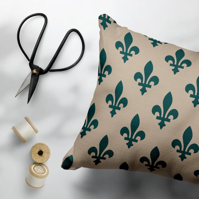 Fleur de Lis Pattern, Royal French Green on Cream Accent Pillow (Creator Uploaded)