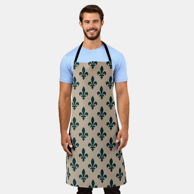 Fleur de Lis Pattern, Royal French Green on Cream Apron (Worn)