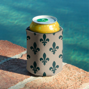Fleur de Lis Pattern, Royal French Green on Cream Can Cooler