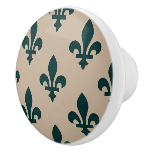Fleur de Lis Pattern, Royal French Green on Cream Ceramic Knob