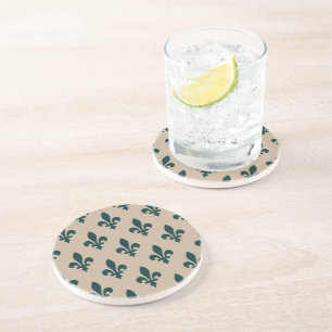 Fleur de Lis Pattern, Royal French Green on Cream Coaster