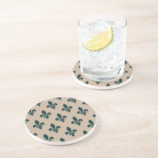Fleur de Lis Pattern, Royal French Green on Cream Coaster (Side)