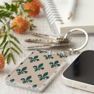 Fleur de Lis Pattern, Royal French Green on Cream Keychain