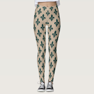 Fleur de Lis Pattern, Royal French Green on Cream Leggings