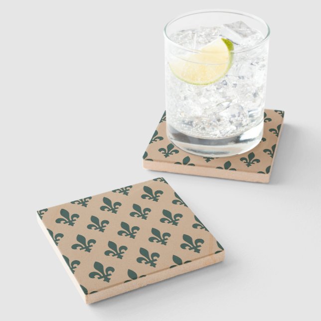 Fleur de Lis Pattern, Royal French Green on Cream Stone Coaster (Side)