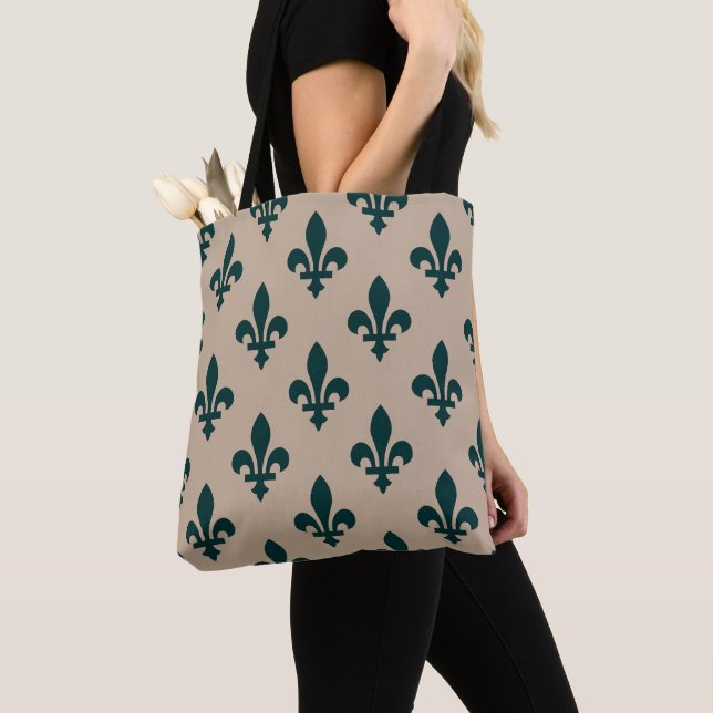 Fleur de Lis Pattern, Royal French Green on Cream Tote Bag (Close Up)