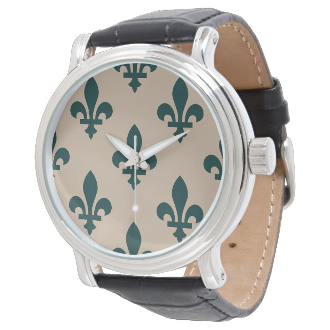 Fleur de Lis Pattern, Royal French Green on Cream Watch (Angled)