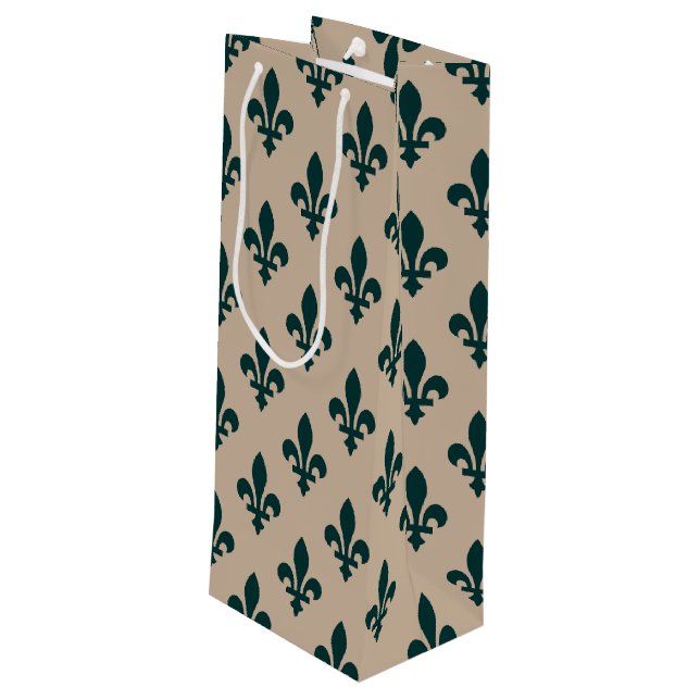 Fleur de Lis Pattern, Royal French Green on Cream Wine Gift Bag (Back Angled)