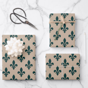 Fleur de Lis Pattern, Royal French Green on Cream Wrapping Paper Sheet