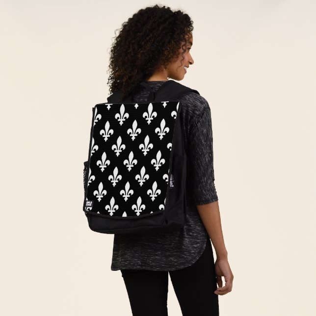 Fleur de Lis Pattern, Royal French, White on Black Backpack (Worn)