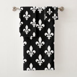 Fleur de Lis Pattern, Royal French, White on Black Bath Towel Set