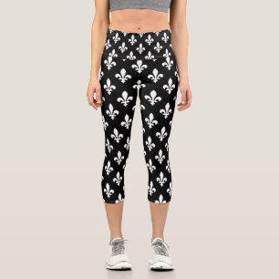 Fleur de Lis Pattern, Royal French, White on Black Capri Leggings