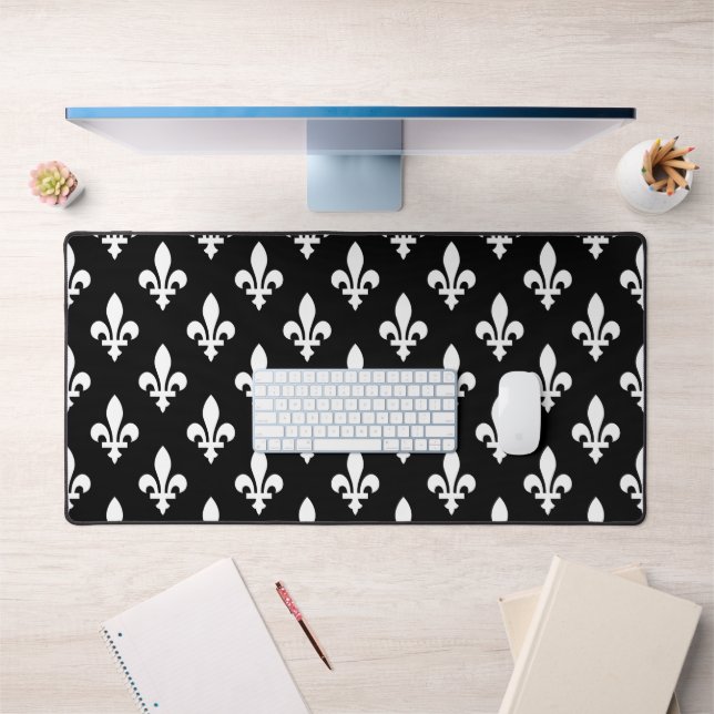 Fleur de Lis Pattern, Royal French, White on Black Desk Mat (Office 1)