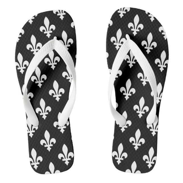 Fleur de Lis Pattern, Royal French, White on Black Flip Flops (Footbed)