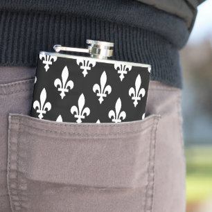 Fleur de Lis Pattern, Royal French, White on Black Hip Flask