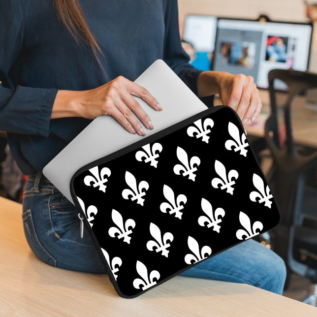 Fleur de Lis Pattern, Royal French, White on Black Laptop Sleeve (Creator Uploaded)