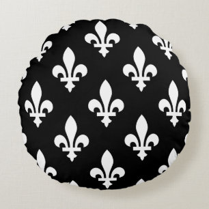 Fleur de Lis Pattern, Royal French, White on Black Round Pillow