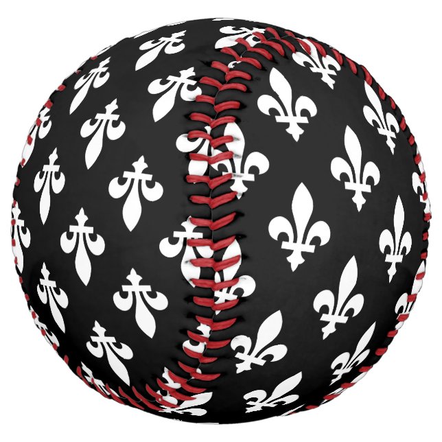 Fleur de Lis Pattern, Royal French, White on Black Softball (Angled)