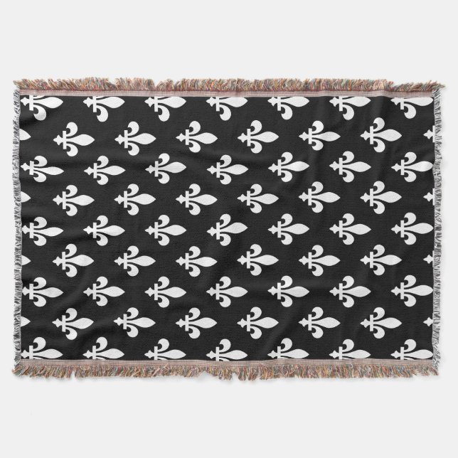 Fleur de Lis Pattern, Royal French, White on Black Throw Blanket (Front)