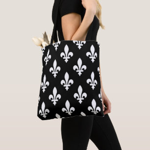Fleur de Lis Pattern, Royal French, White on Black Tote Bag