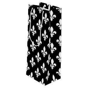Fleur de Lis Pattern, Royal French, White on Black Wine Gift Bag