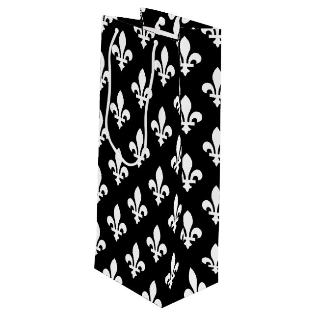 Fleur de Lis Pattern, Royal French, White on Black Wine Gift Bag (Back Angled)